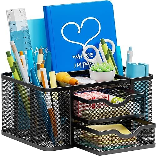 Marbrasse Mesh Desk Organizer, Pen Organizer with 2 Drawer