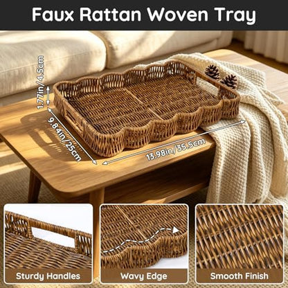 Segbeauty Plastic Wicker Serving Tray with Handles for Home Decor