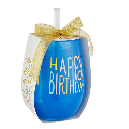 slant collections Birthday Gifts Stemless Wine Glass & Push-Pop Confetti Popper Gift Set, 2-Piece, Happy Birthday
