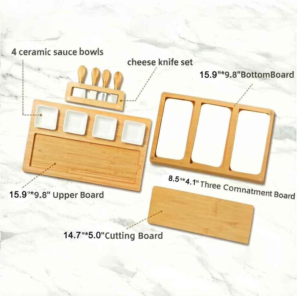 Charcuterie Board and Serving Set,Bamboo Cheese Board Snack Tray Set with Magnetic,Removable Ceramic & Prep Trays, Stainless Steel Knives,House Warming Gifts New Home, Wedding Gift
