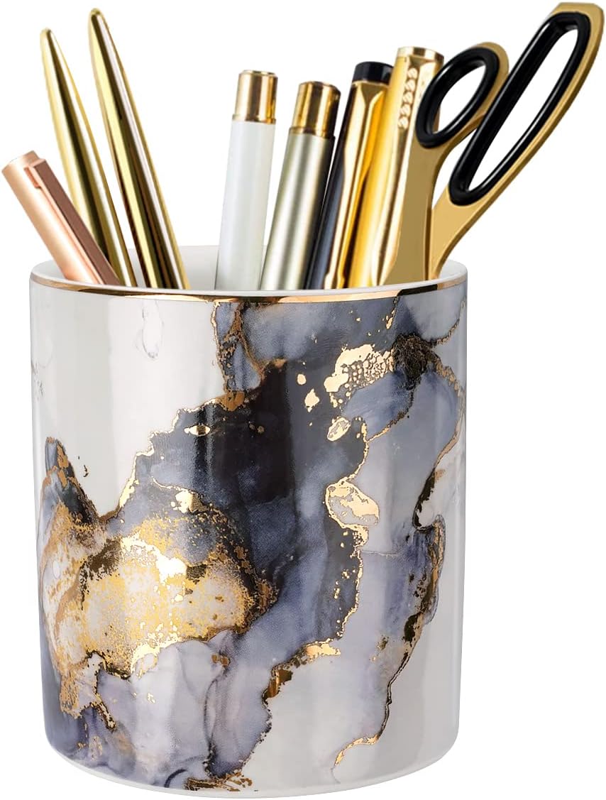 Marble Pencil Holder, Durable Ceramic Desk Organizer Office Supplies,Desktop Stationary Organizer,Multi-Functional Pencil Storage for Desktop Accessories,Office,Classroom,Home,Gray Gold