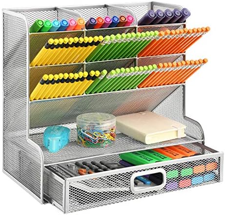 Marbrasse Larger Mesh Desk Organizer with Drawer, Multi-Functional Pen