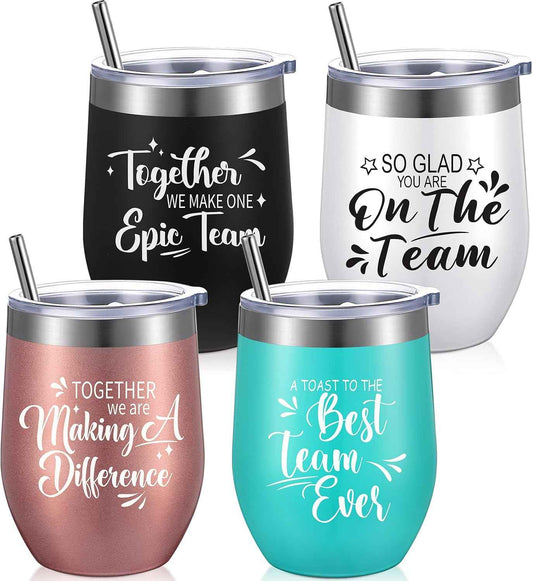 Sieral Team Gifts for Employees Thank You Tumbler Bulk Employee Christmas Appreciation Gifts for Coworkers Office Staff 12 oz Stainless Steel Tumbler with Lid and Straw(Charming Style,4 Pcs)