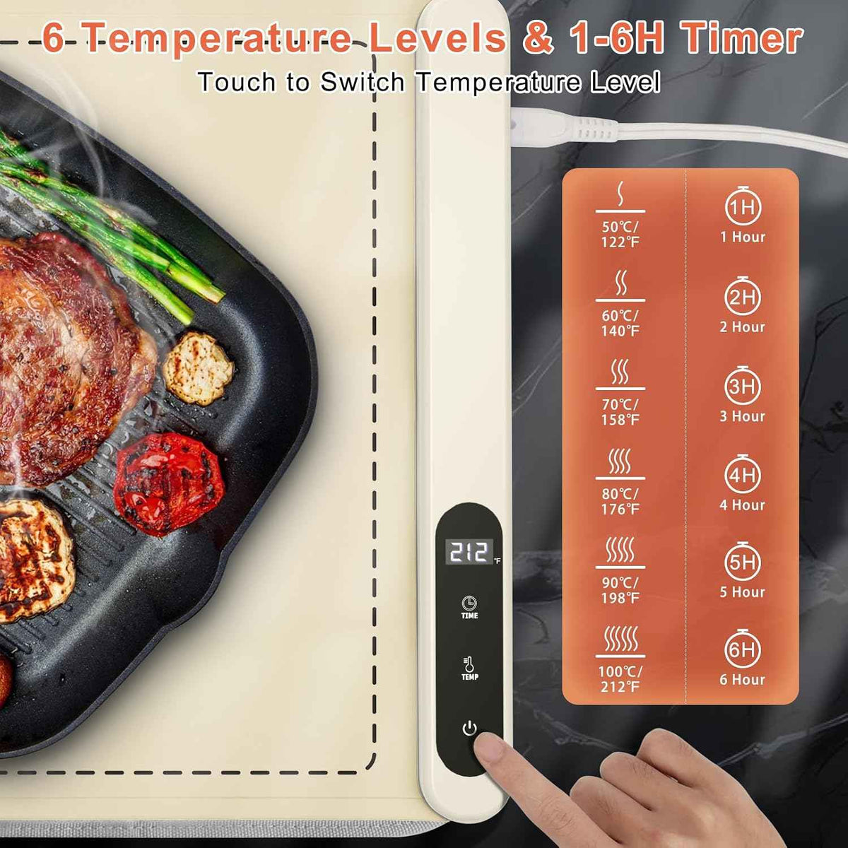 FYY Warming Mat for Food with Heat Resistant Pad, Prevent Countertop Cracks, Keep Meal Warm, Rapid and Full Surface Heating, 6 Temp Settings, 6H Timer, Upgraded Rollable Portable Food Warmer Mat Beige