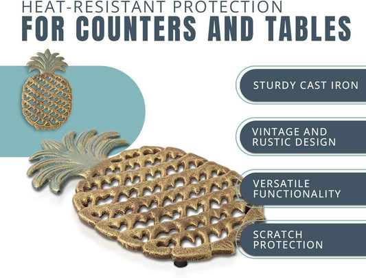 Comfify Cast Iron Pineapple Trivet – 5.9"×9" – Rubber Pegs Included | Gold; cast iron; 5.9"L x 9"W x 0.59" thick; rubber peg feet + spare set; tropical vintage; kitchen dining table