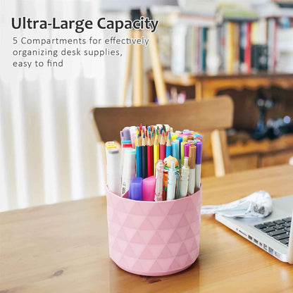 Desk Organizer, 360-Degree Rotating Pencil Pen Holders For Desk, Diamond Pattern Pen Organizer With 5 Compartments, Cute Desk Accessories Decor For Office, School,Home,Art Supply (Green)