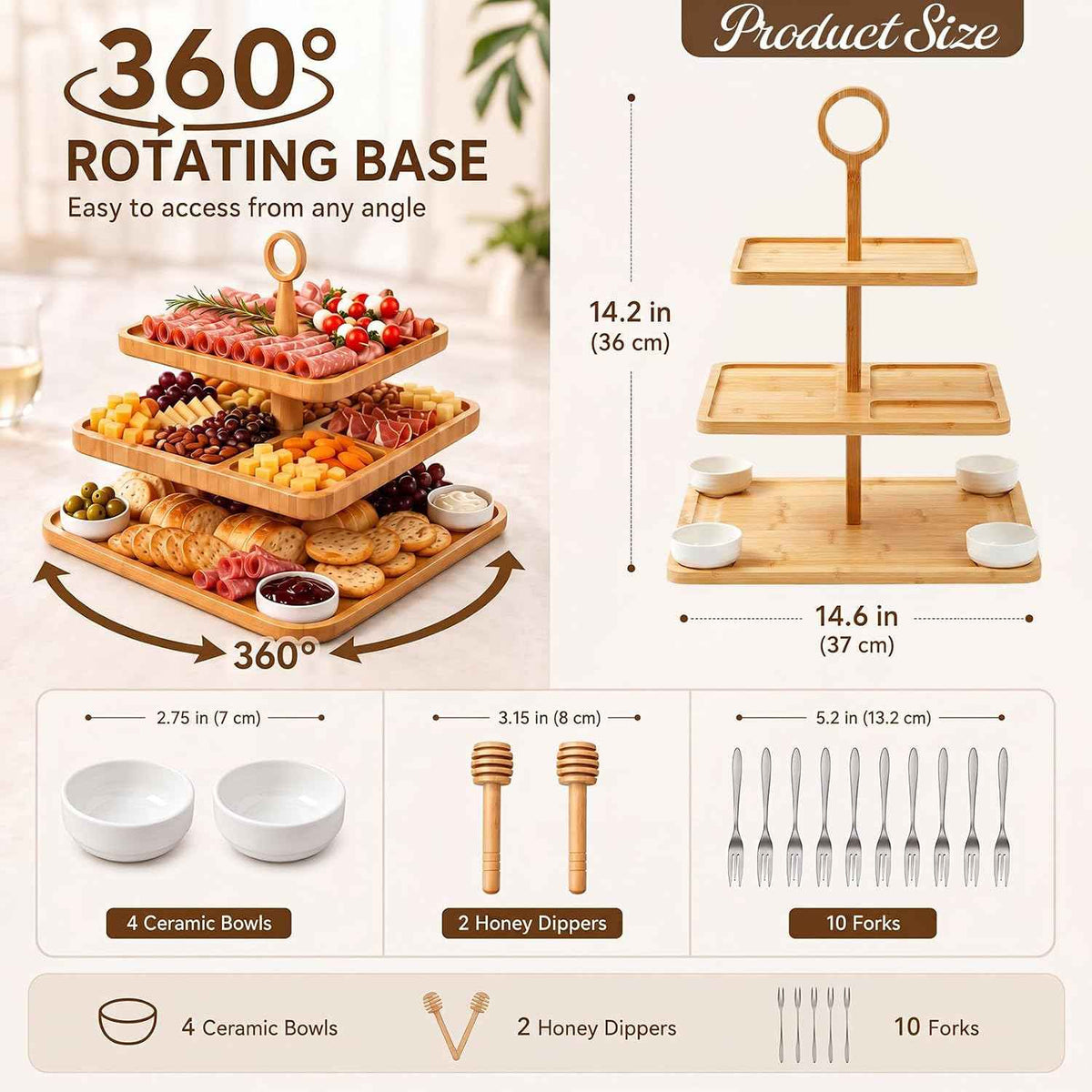 Qunclay 3-Tier Charcuterie Board 360° Rotating Lazy Susan Serving Tray | Wooden Tiered Serving Set with 4 Bowls, 12 Forks, Honey Sticks, Swivel Design for Party, Wedding, Housewarming