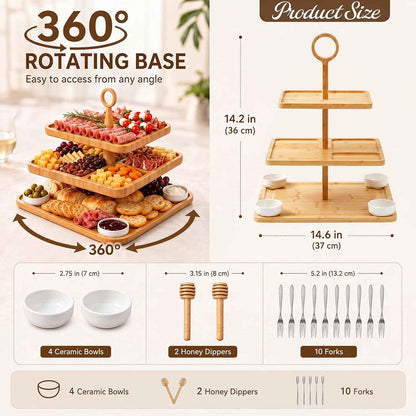 Qunclay 3-Tier Charcuterie Board 360° Rotating Lazy Susan Serving Tray | Wooden Tiered Serving Set with 4 Bowls, 12 Forks, Honey Sticks, Swivel Design for Party, Wedding, Housewarming