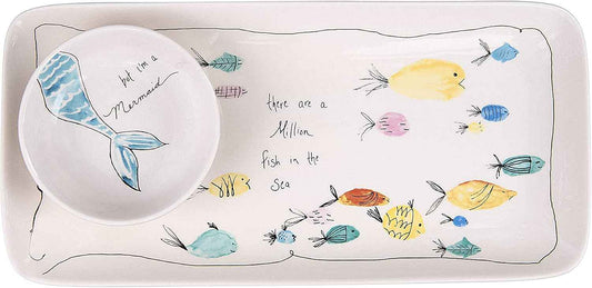 Creative Co-Op Rectangle Stoneware Plate with Fish Images and Matching Bowl
