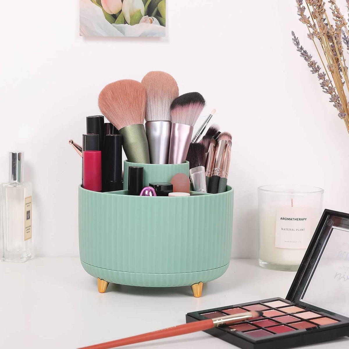 SKYDUE 360 Degree Rotating Desk Organizer, Dual-Purpose Pencil Pen Holder for Desktop, Rotating Desk Pen Organizer with 5 Slots, Pencil Cup for School, Home, Office Supplies (Bean Green)