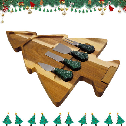 17.3'' Xmas Tree Charcuterie Board Set – Dual-Side Acacia Wood Serving Tray & Cutting Board with 4 Magnetic Knives, Rotating Base – Festive Cheese Platter for Christmas Snacks, Hostess Gift