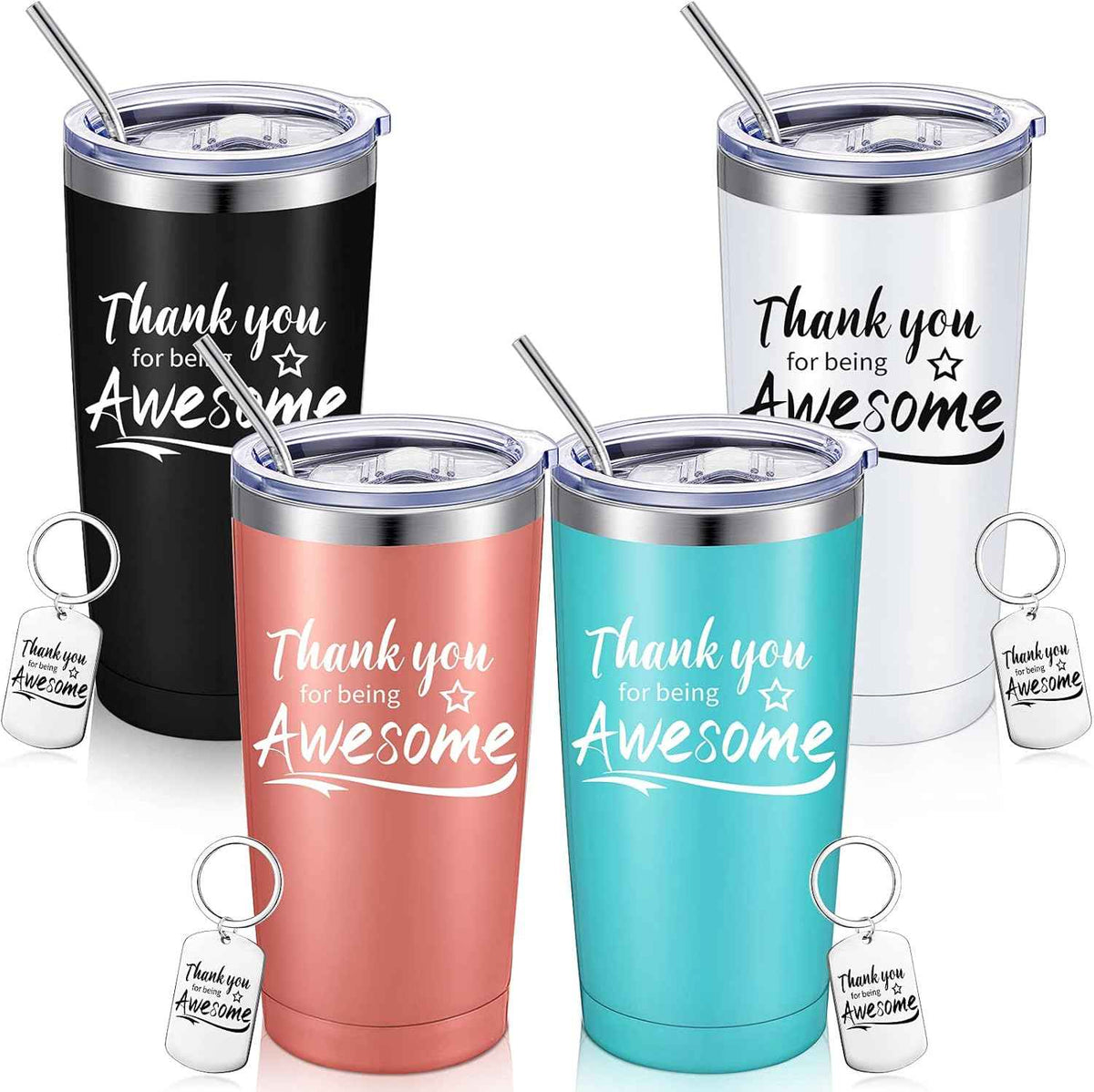 Sieral 8 Pieces Thank You for Being Awesome Tumbler, Thank You Supplies for Women Men 20oz Insulated Stainless Steel Travel Tumbler with Lid and Straw Appreciation Gift with Keychain (Classic Color)