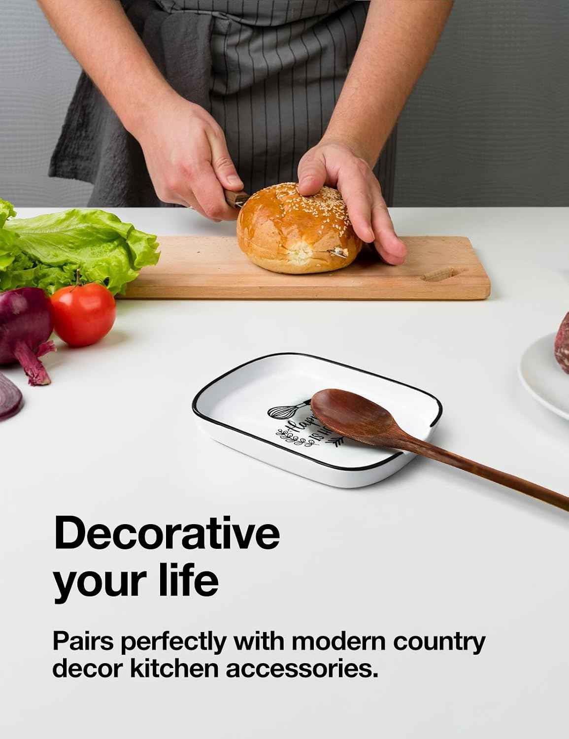 Spoon Fork Rest Happiness Is Homemade Ceramic Heat-Resistant Kitchenware Kitchen Accessory, Suitable for Dinner Party Host, Dining Table, Kitchen Countertop or Stove Top and Gift for Home Chef