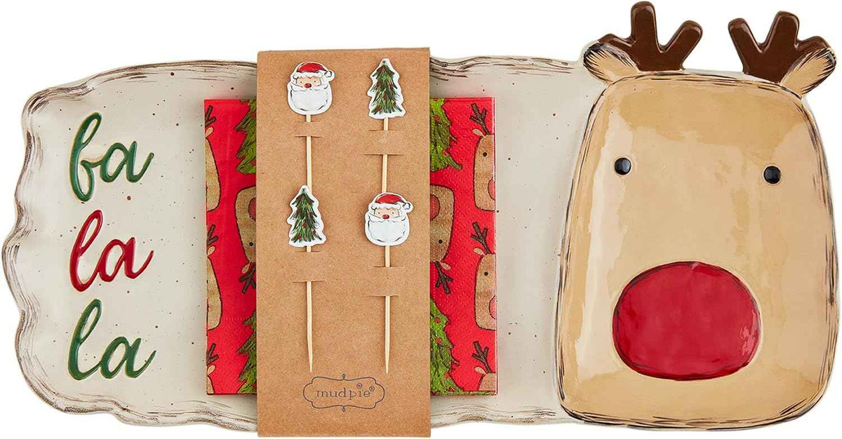 Mud Pie Farm Hostess Gift Set PLATTERS, tray 7 1/2" x 14" | napkin 5" x 5", BROWN