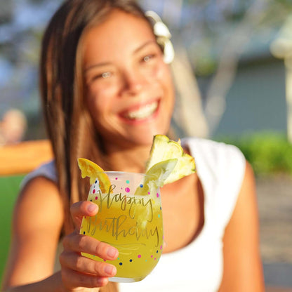 Happy Birthday Wine Glass For Women, 22oz Stemless with Gold Confetti Print - Gift for Adults, Happy Birthday Cups For Her - Gifts For Women - Ideal for 21st, 30th, 40th and 50th Birthdays