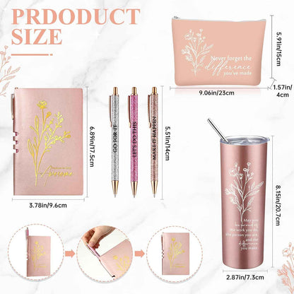 Funnymoom 6 Pcs Employee Appreciation Gift Thank You May You Be Proud 20 oz Boho Flower Tumbler Makeup Bag A6 Journal Pens for Back to School Gifts for Coworker Staff Women Men Nurse Teacher (Pink)