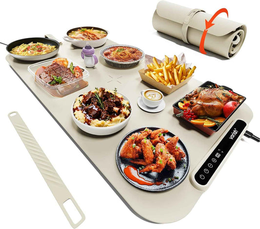 Warming Mat for Food,27.5x15.7" Large Electric Buffet Warming Tray, 7 Temp Levels, 99H Continuous Heat, ℉/℃ Switch, Patented Fast-Heat Design for Parties, Family Meals, Daily Use Apricot