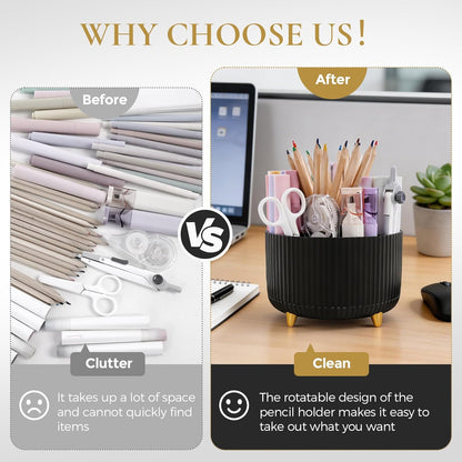 KONVINIT Pencil Pen Holder for Desk, 5 Slots 360 - Degree Rotating Desktop Organizer, Cute Desk Organizers and Accessories for School, Home, Office and Art Supply, Black