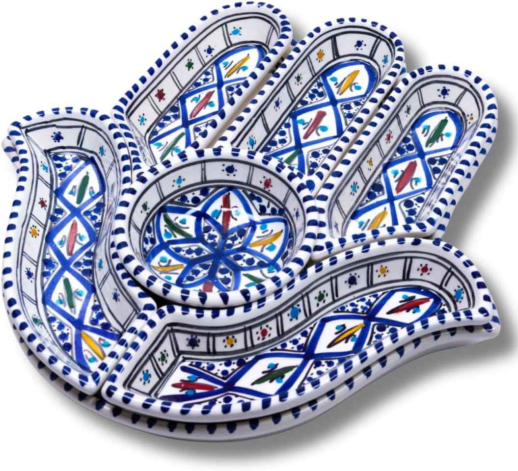 Kamsah Hamsa Serving Platter – 7-Piece Hand-Painted Ceramic Colorful Serving Dishes for Snacks, Appetizers, Dips and More – Moroccon Decorative Platters for Celebrations, Parties and Events