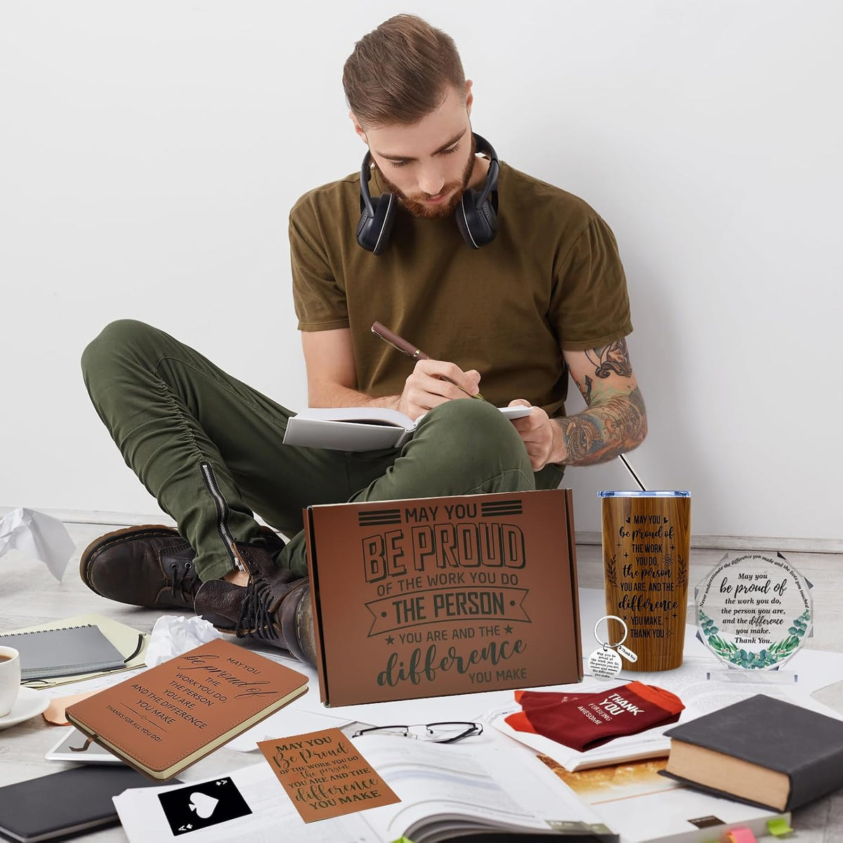 JTAMOHI 9 Pcs Employee Appreciation Gifts for Men, Best Coworker Appreciation Gifts with 20 Oz Tumbler, Leather Journal Notebook, Socks, Acrylic Award Plaque Sign, Thank You Gift for Employee