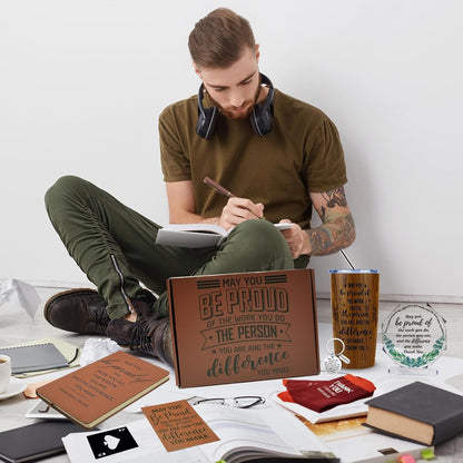 JTAMOHI 9 Pcs Employee Appreciation Gifts for Men, Best Coworker Appreciation Gifts with 20 Oz Tumbler, Leather Journal Notebook, Socks, Acrylic Award Plaque Sign, Thank You Gift for Employee