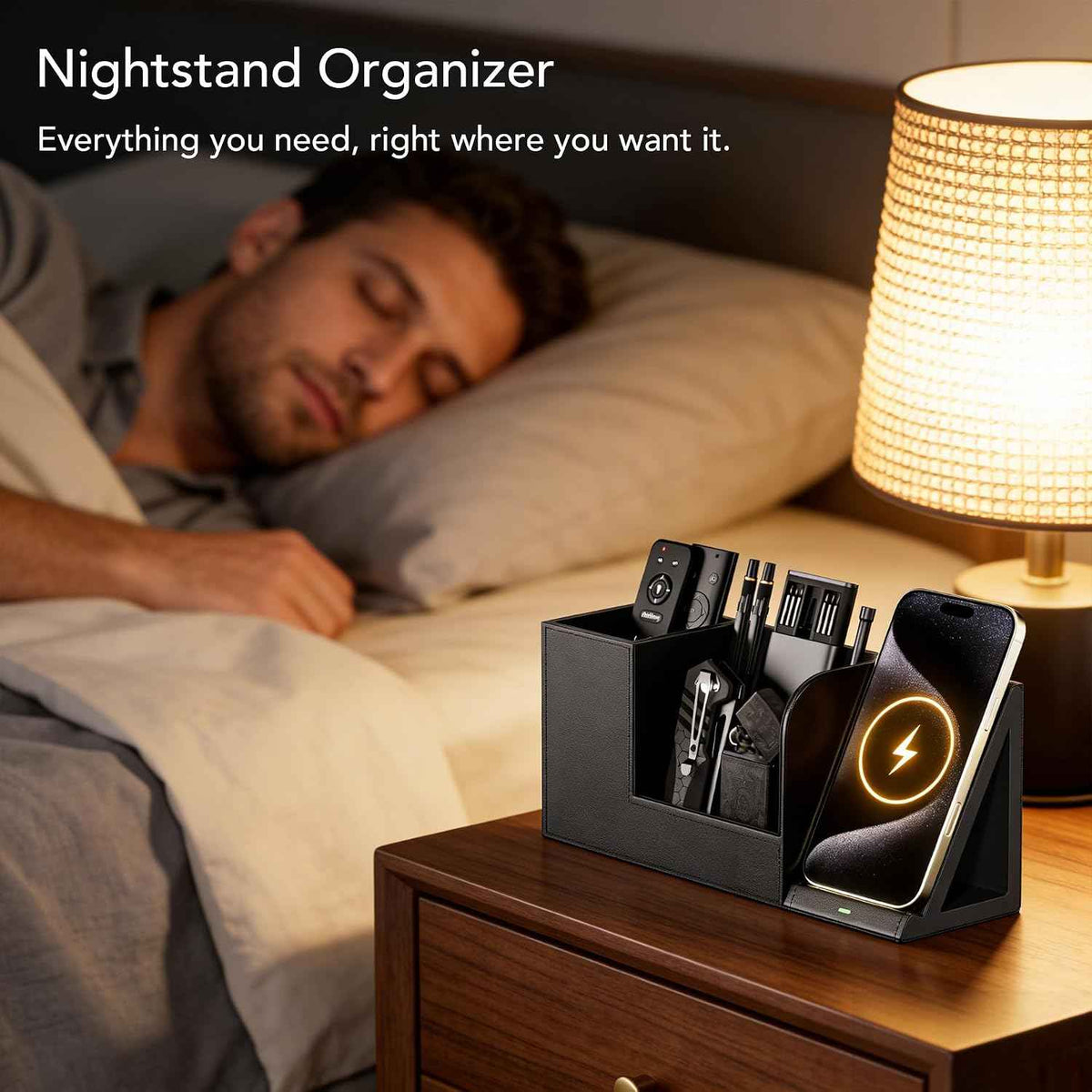 GORESE Desk Organizer with Charging Station, PU Leather Desktop Pen Holder Remote Organizers with Phone Charging Stand for Office Home Nightstand, Practical Gifts for Men Who Want Nothing, Black