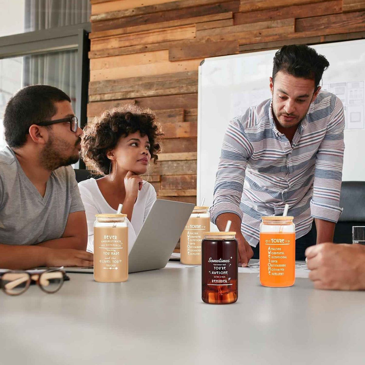 6-Pack Employee Thank You Gifts Glass Cups, 16oz Coffee Cups | Beer glass tumbler with lids, thank you gifts for staff, gift box with card, suitable for team/coworker/men/women/friends