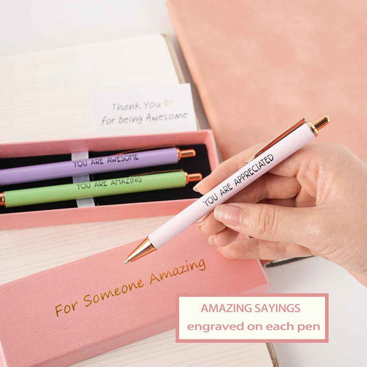 KeCee Thank You Gifts, 3pK Inspirational Pens in Fancy Box, Personalized Appreciation Gifts for Coworkers Teacher Nurse, Cute Ballpoint Pen for Women