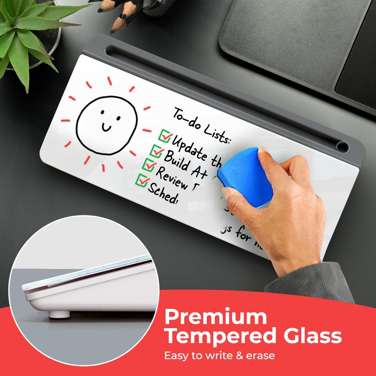 Chalkola Glass Desktop Whiteboard with Storage, Desk Dry Erase Board Buddy