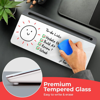 Chalkola Glass Desktop Whiteboard with Storage, Desk Dry Erase Board Buddy