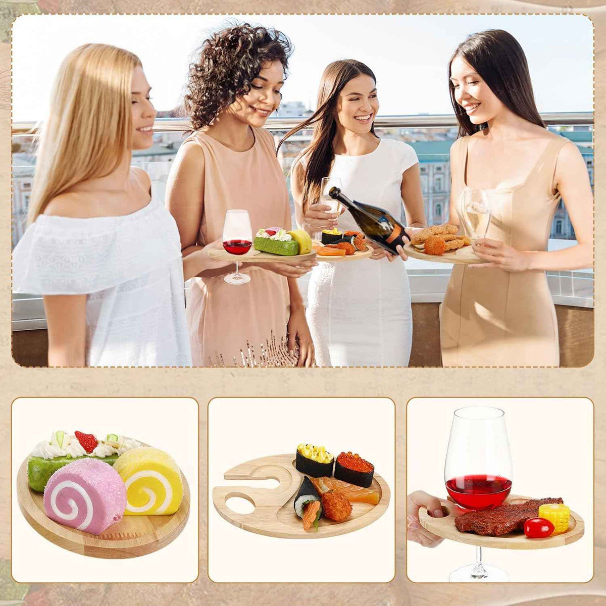 SiliFine 6 Pcs Wine Appetizer Plates with Wine Glass Holder Mini Charcuterie Board Glass Plates Set Picnic Tray for Party, Gatherings, Entertaining, 9 x 6(Rubber Wood)