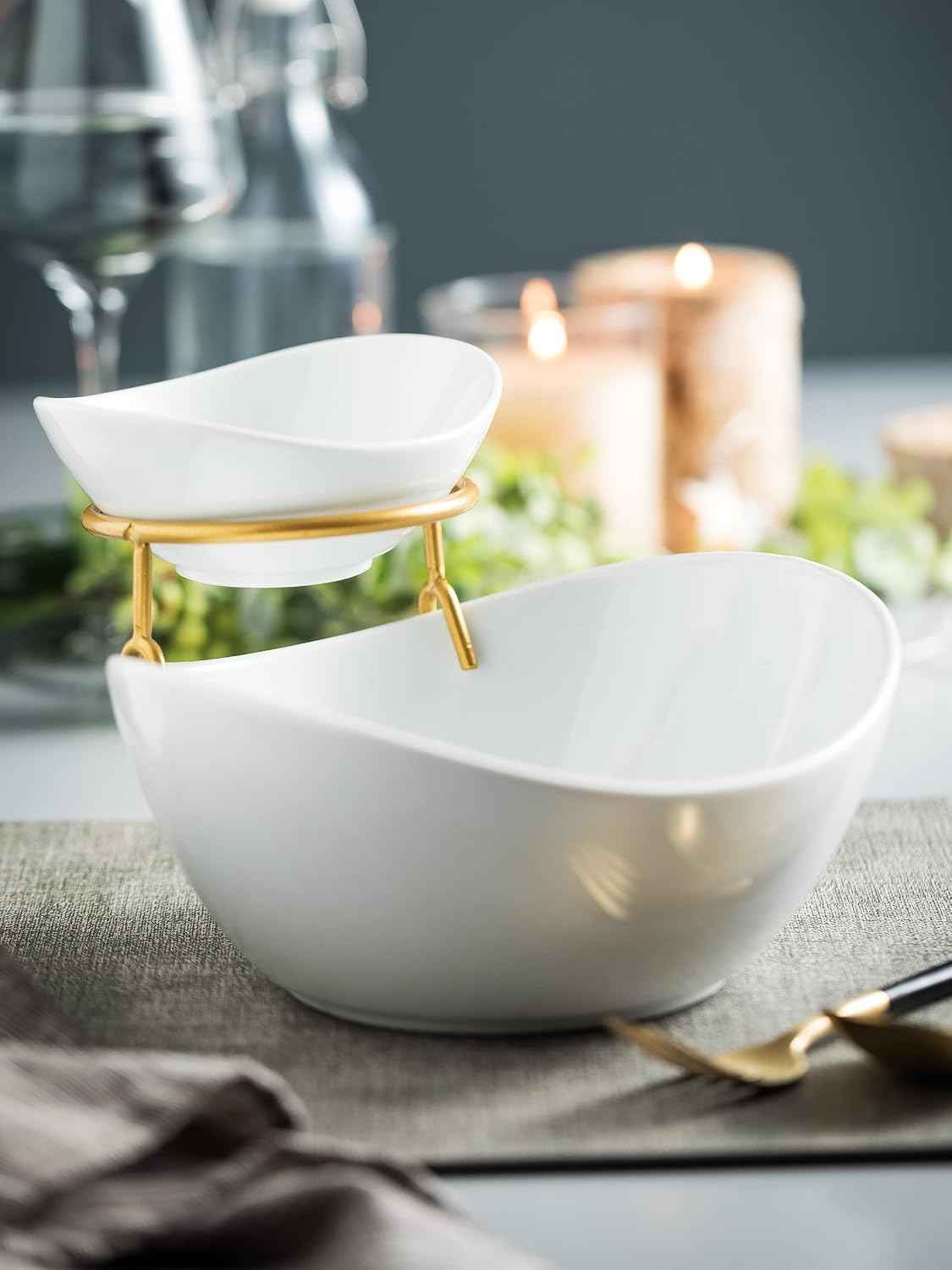 Miamolo 2 Tier Serving Bowl Set and Removable Rack for Chip and Dip | Ceramic Serving Dishes Set with 2 Compartment, for Snacks, Appetizer, Salad, Fruit | Microwave & Dishwasher Safe, Gold Stand