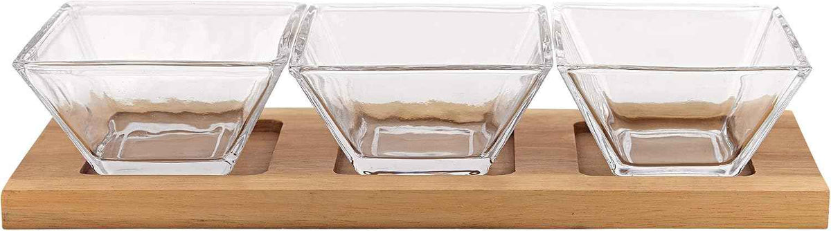 Badash Crystal Serving Bowl Set - 4-Piece 4" Square Bowls & Wood Tray Hostess Set - Handcrafted Food-Safe Lead-Free Crystal Glass Serving Piece
