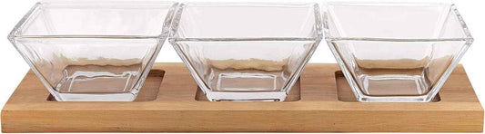 Badash Crystal Serving Bowl Set - 4-Piece 4" Square Bowls & Wood Tray Hostess Set - Handcrafted Food-Safe Lead-Free Crystal Glass Serving Piece