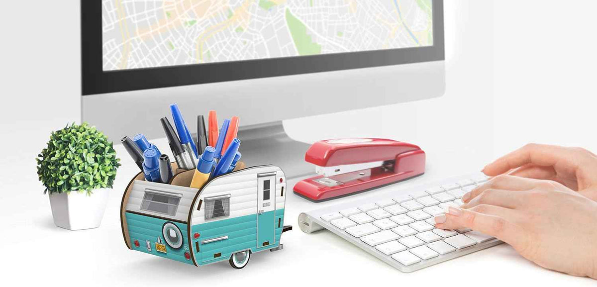 Genuine Fred HAPPY CAMPER Vintage Camper Pencil Holder, White and Blue, Retro Desk Organizer- Great Gift for Coworkers and Travel Enthusiasts - Functional Desk & Cubicle Accessory