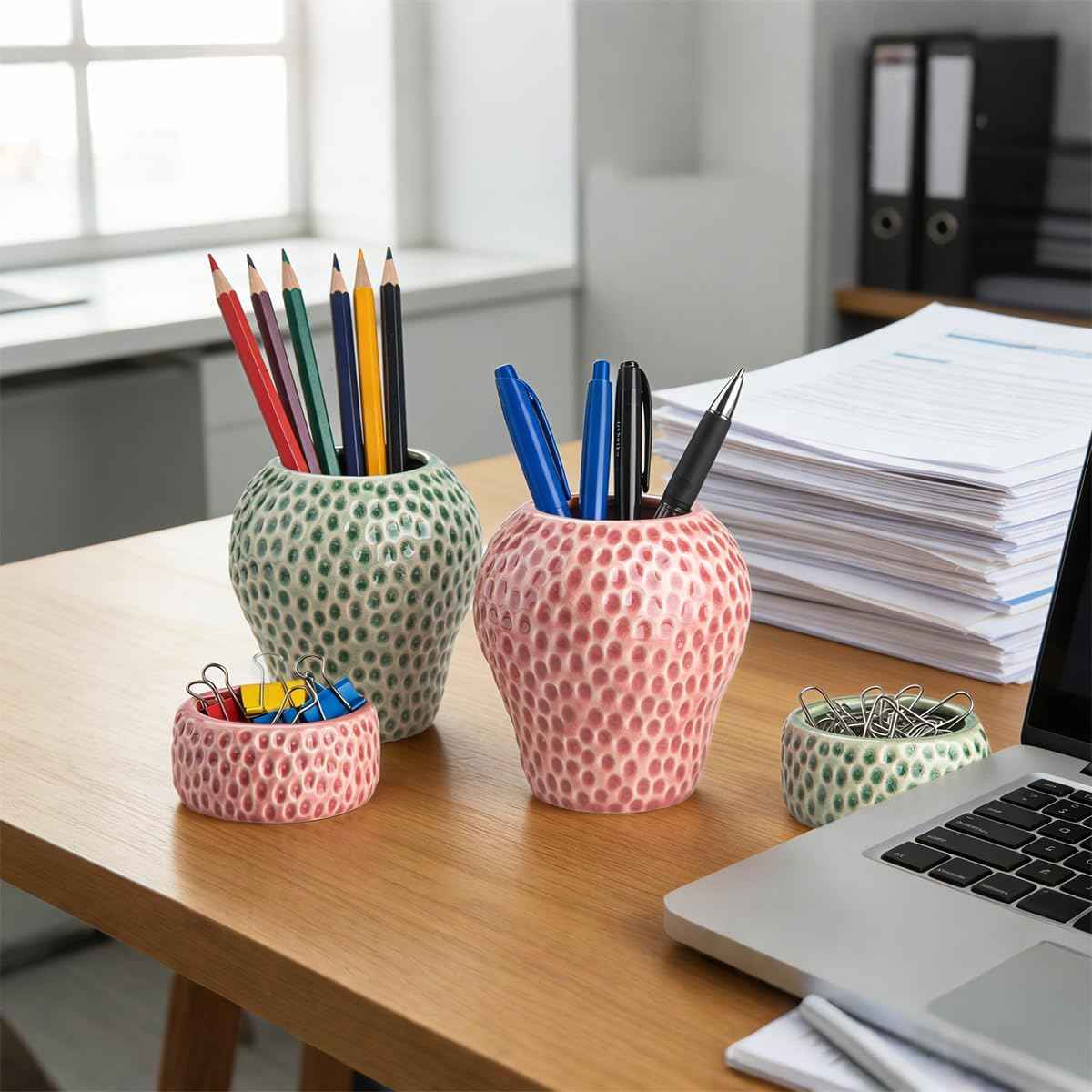 Strawberry Ceramic Pen Holder & Paper Clip Tray Set of 2