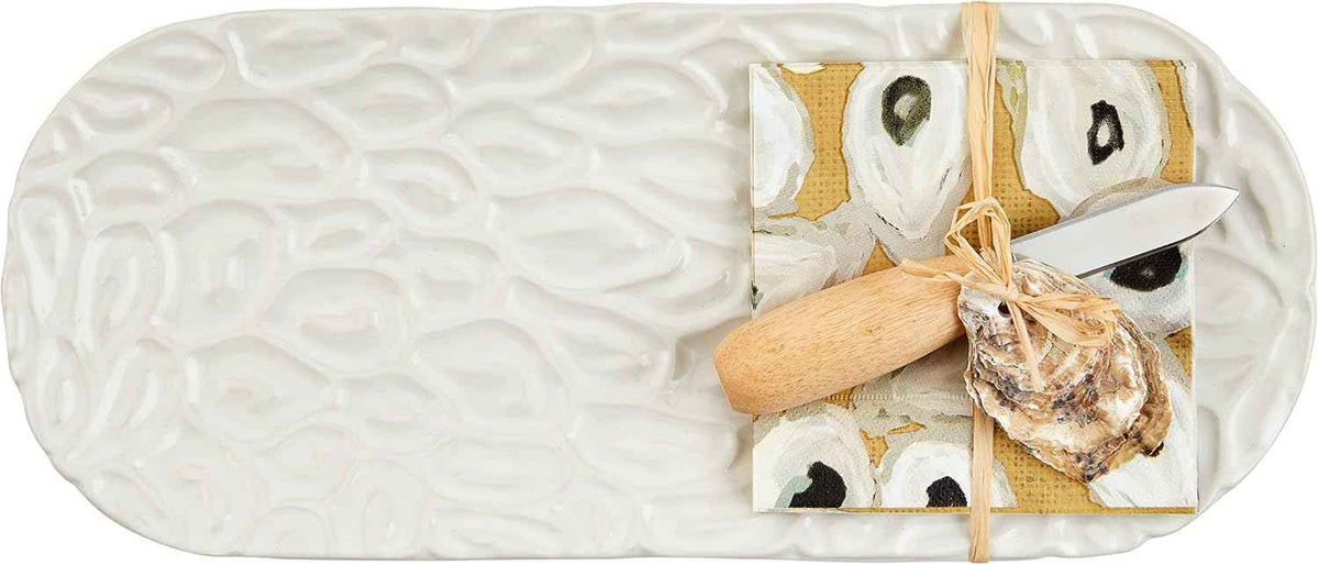 Mud Pie Oyster Hostess Set; tray 6" x 14 1/2" | knife 6" | napkins 5" x 5"