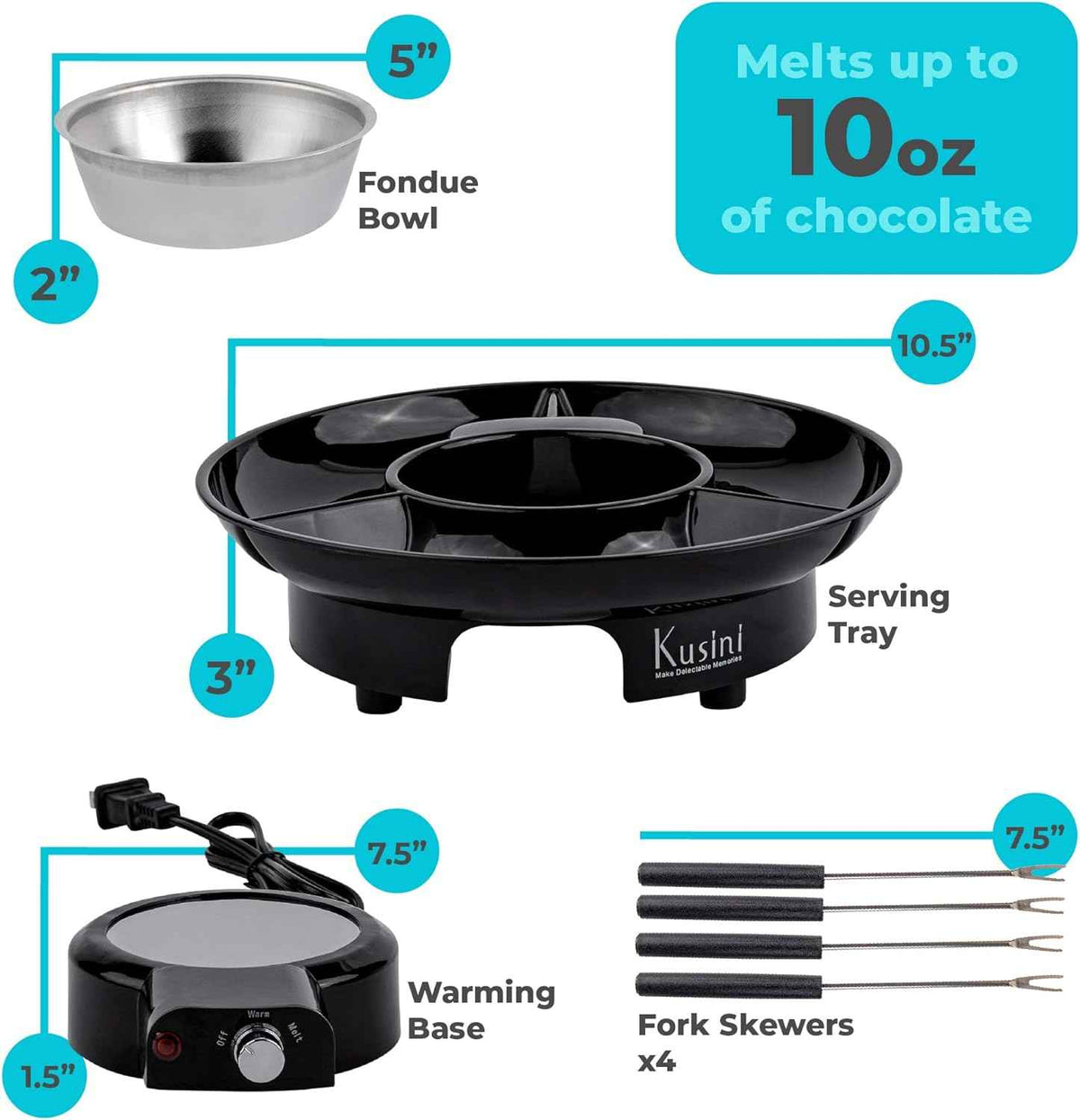 Kusini Electric Fondue Pot Set – Chocolate Fondue Kit - Temperature Control | Detachable Serving Tray, 10oz Melting Pot, 4 Roasting Forks - Gift Set & Date Night Idea. Serve at Movie Night or Game Night.