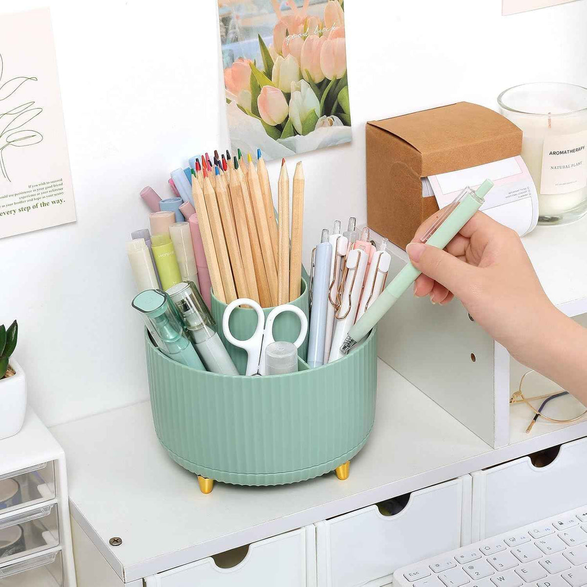 SKYDUE 360 Degree Rotating Desk Organizer, Dual-Purpose Pencil Pen Holder for Desktop, Rotating Desk Pen Organizer with 5 Slots, Pencil Cup for School, Home, Office Supplies (Bean Green)