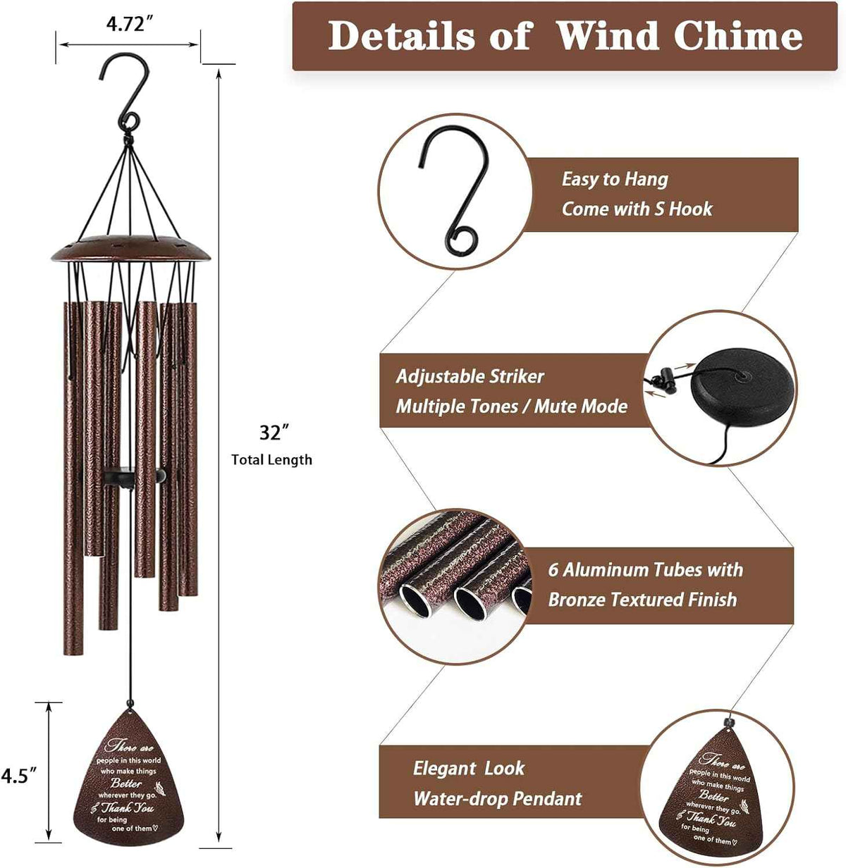 Soopau Thank You Gifts for Women Men, 32" Wind Chimes Thank You Gifts, Appreciation Gifts for Employee Coworkers Colleague Teachers Nurses, Thanksgiving Day Gifts for Family Friends
