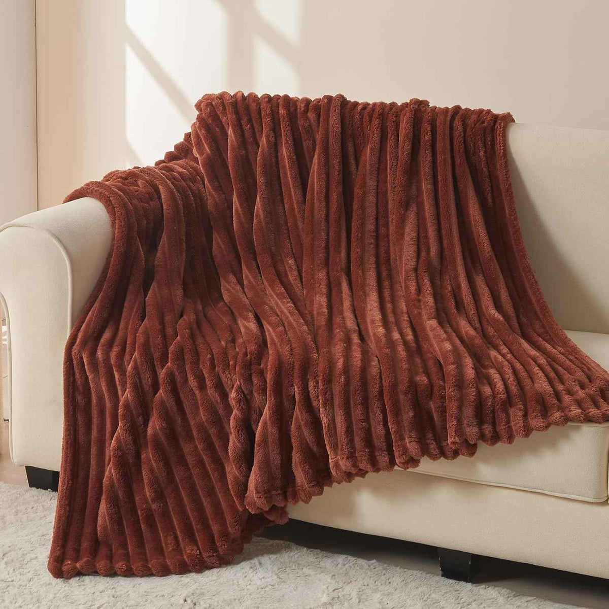 Coffee Ribbed Fleece Throw Blanket