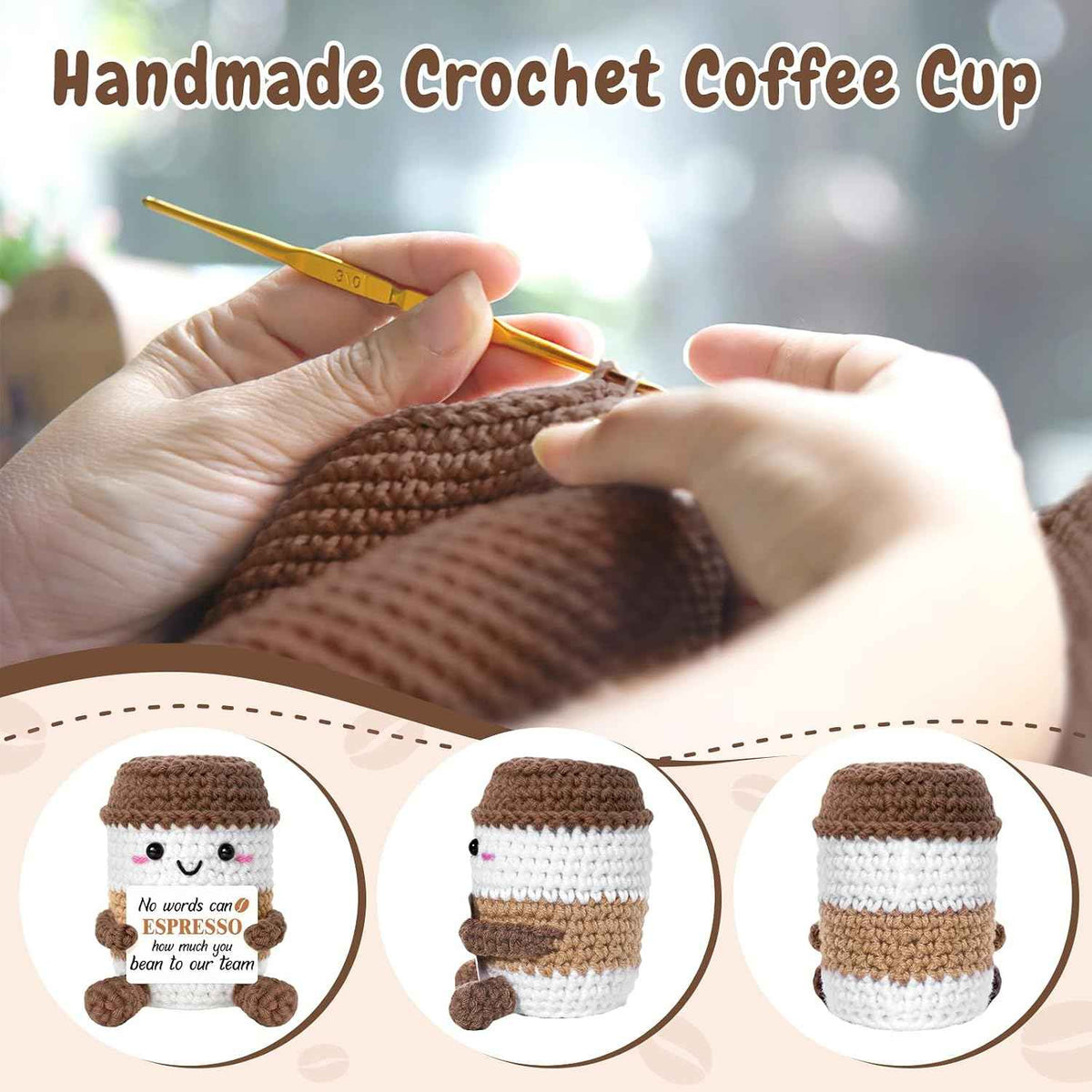Positive Thank You Coffee Cup Crochet - Handmade Gifts for Boss/Coworkers with Card, Emotional Thank You Gift for Women/Men, Stocking Stuffers Coffee Lover Presents for Women Boss/Coworkers