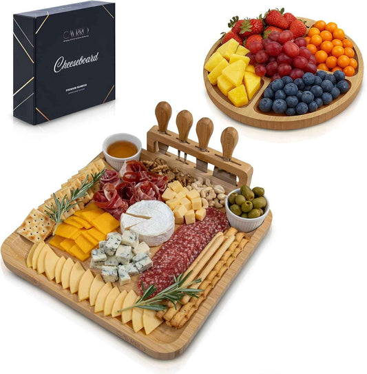 Charcuterie Board Set Bamboo with Cheese Knives and Bowls, Large Wooden Serving Platter for Entertaining, Housewarming and Wedding Gift by Cavrro