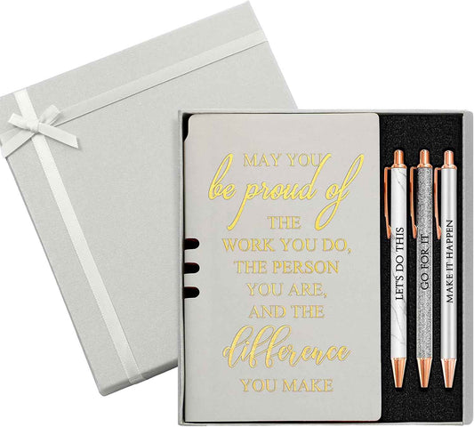 Resurhang 5 Pcs Employee Appreciation Gift Journal Notebook Silver | Leather Notebook, 3 Ballpoint Pen with Box, Thank You Gift, for Nurse Volunteer Teacher Secretary Assistant Coworker Women