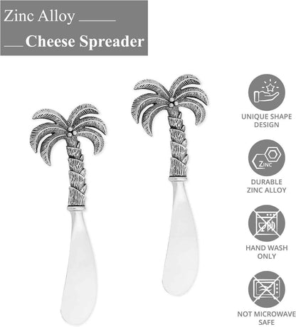 Wine Things Palm Tree Cheese Spreader Set, Zinc Alloy Butter Spreaders with Decorative Handles for Cheese, Cream, and Dips, Silver, 4.5 Inch, Set of 2