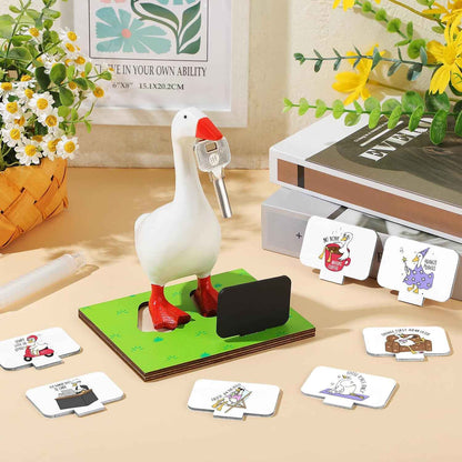 Relaxweex Magnetic Goose Key Holder Cute Resin Desk Goose Statue Wooden Base Writable Sign Chalk Interchangeable Sign for Housewarming Gift Office Home Bookshelf Table Decor(Cute Quotes,11 Pcs)