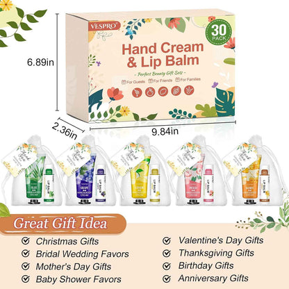 VESPRO 30 Pack Bulk Hand Cream and Bulk Lip Balm Sets, Bridesmaid Gifts, Wedding Favors for Guests with Thank You Card and Organza Bags, Birthday Gift, Teacher Appreciation Gifts and Party Favors