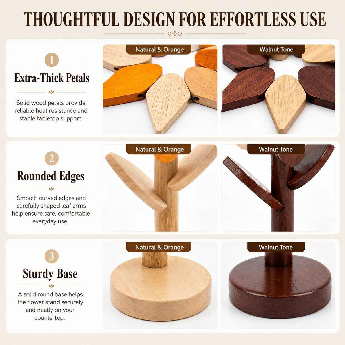 Sunflower Trivets for Hot Dishes, 5Pc Wooden Tree Trivet Stand Set | Flippable wooden sunflower petals expand 5.5 to 6.69 in - trivet & coaster in one, doubles as countertop decor