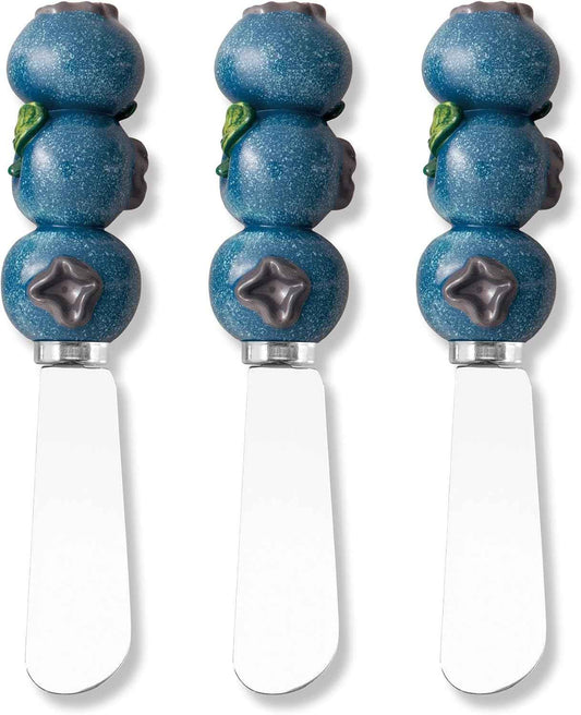 Supreme Housewares Blueberry Cheese Spreader Set of 3, Stainless Steel Appetizer Spreaders with Hand-Painted Resin Fruit Handles, Summer Table Decor, Blue