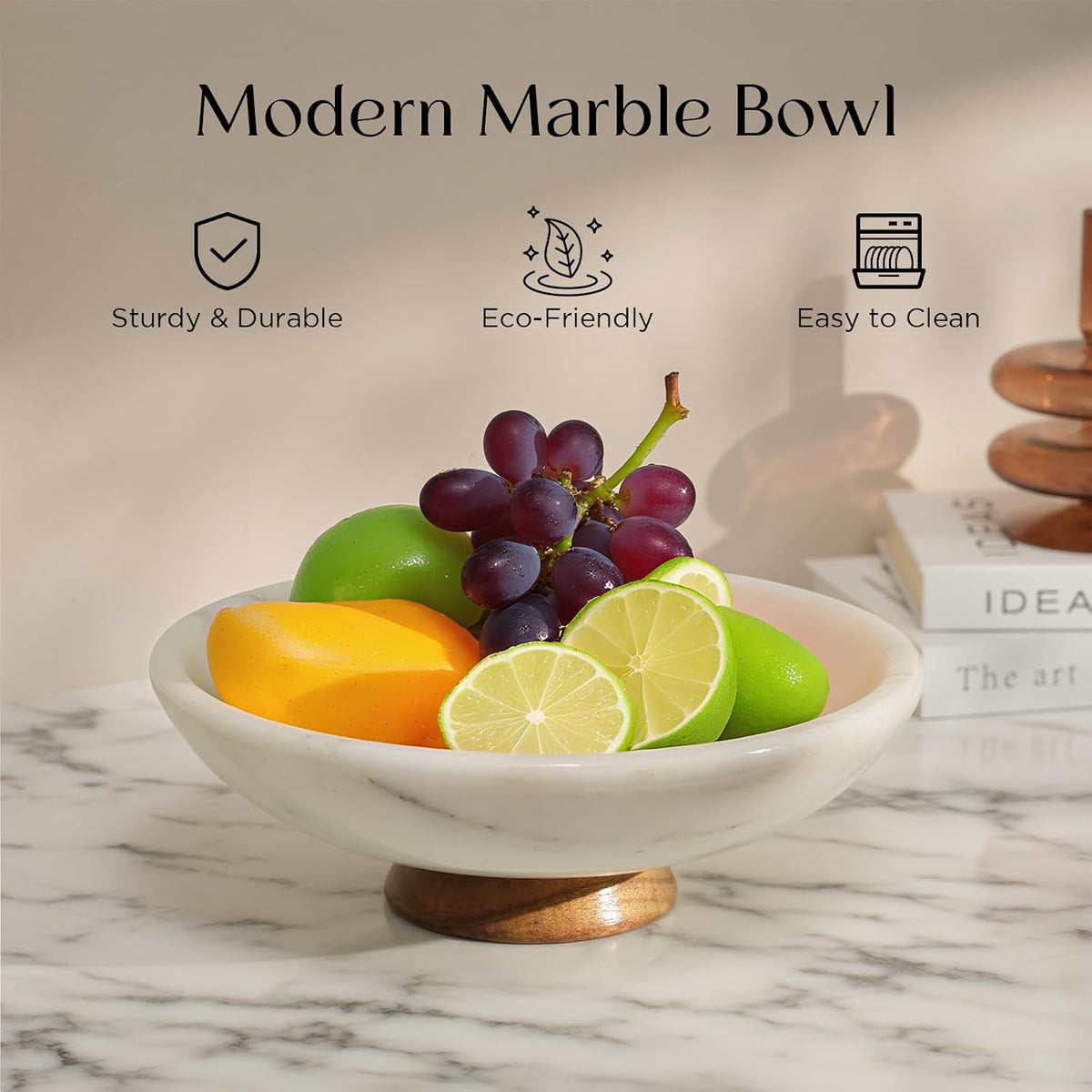 SAMAH White Marble Fruit Bowl with Acacia Wood Pedestal, Large Decorative Marble Bowl, Natural Stone Fruit Bowl for Kitchen Counter, Entryway, Keys, Dining Table, House Warming Gifts New Home(11Inch)